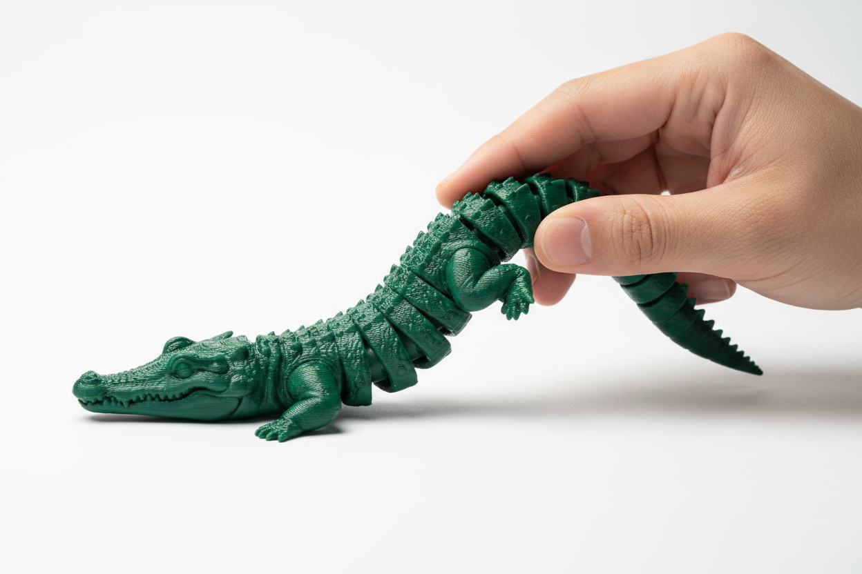 Bewegliches 3D-gedrucktes Krokodil in der Hand, Gelenke sichtbar