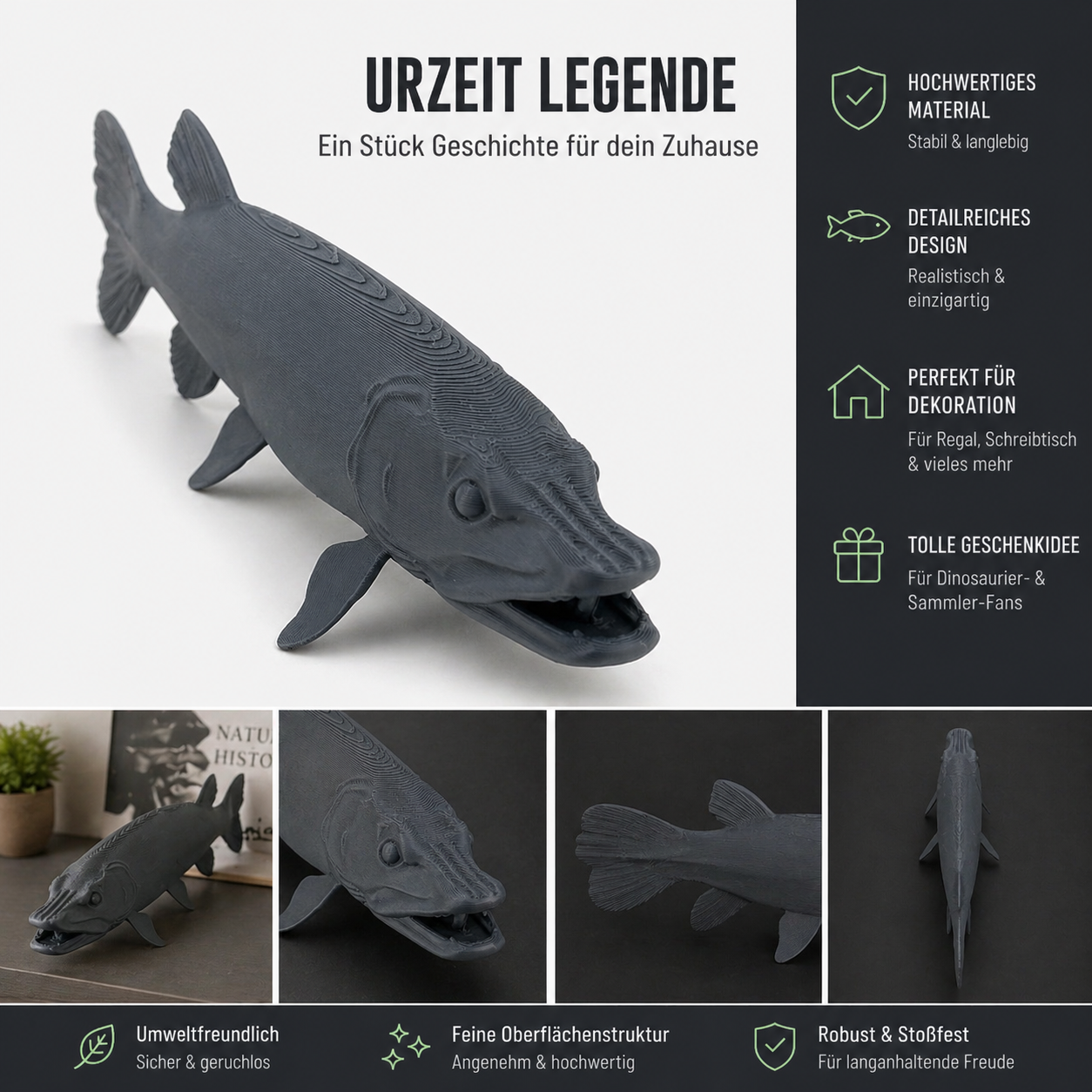 Urzeitfisch Figur – 3D-Druck – Deko Skulptur Schwarz/Grau