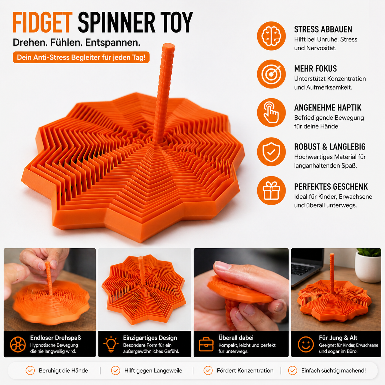 Anti-Stress Fidget Spinner – 3D-Druck – Orange