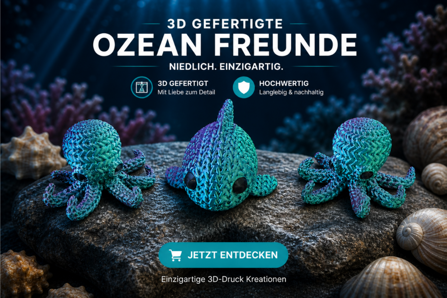 Ozean Freunde – 3D-gedruckte Figuren – Fisch & Kraken Set