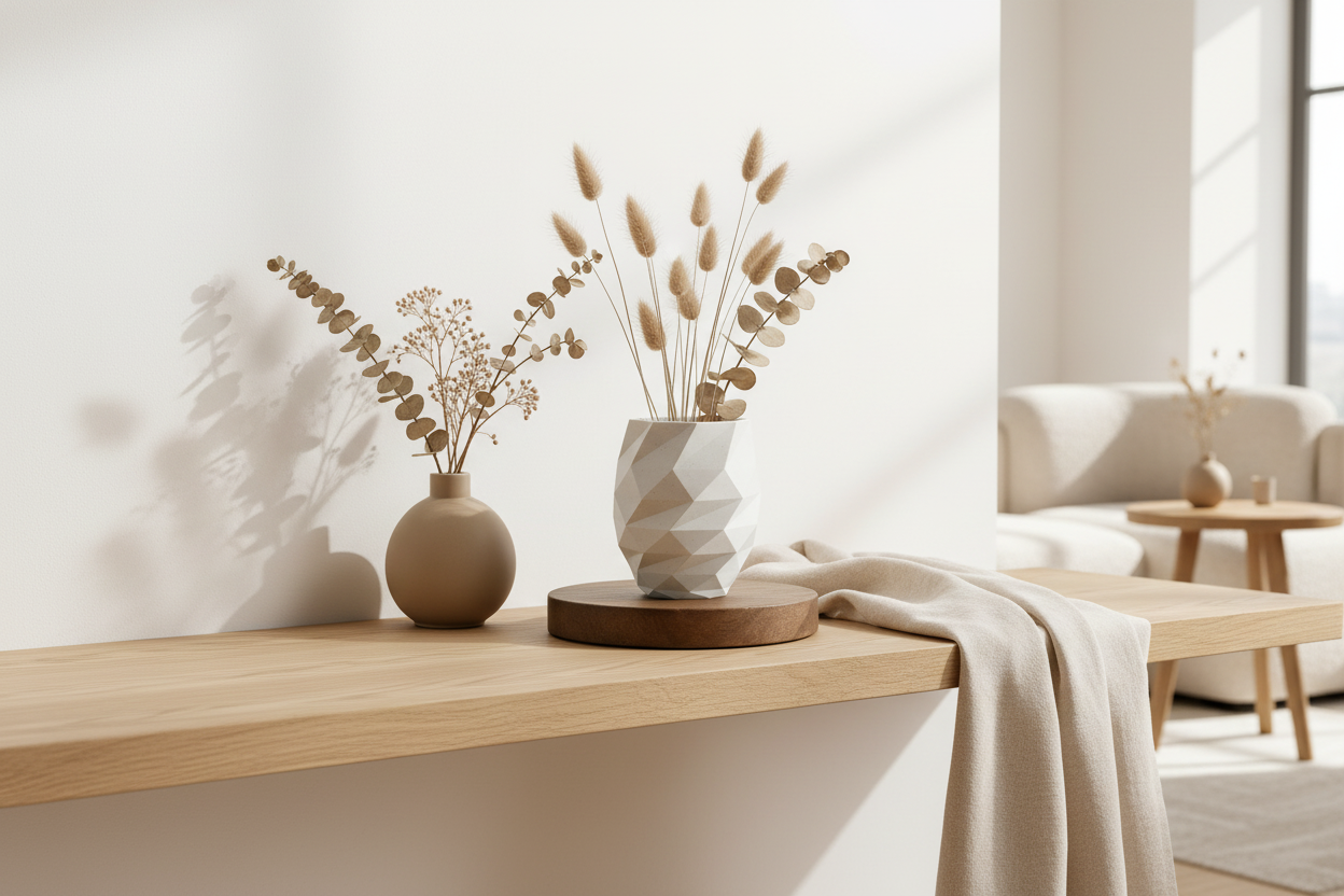 Geometrische Design Vase in modernem Wohnzimmer mit Trockenblumen