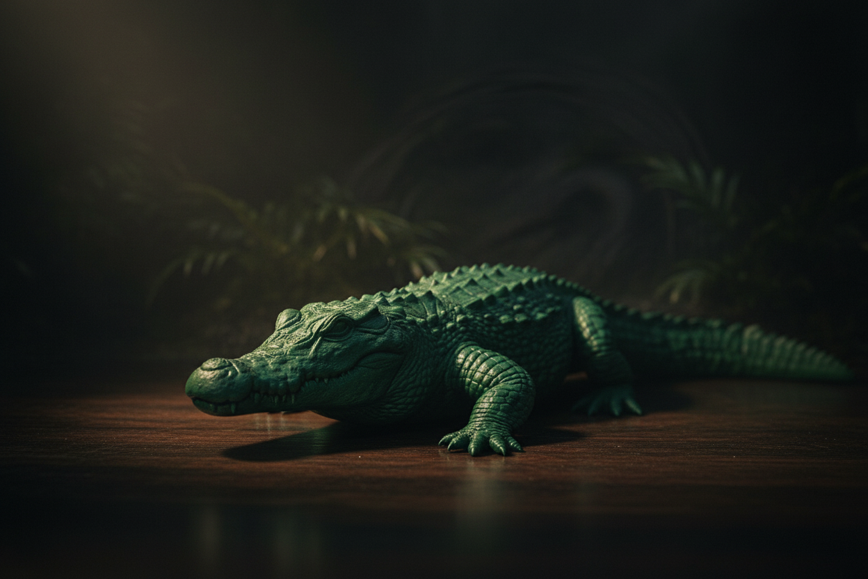 3D-gedruckte Krokodil Figur liegend auf dunklem Holz mit dramatischem Licht