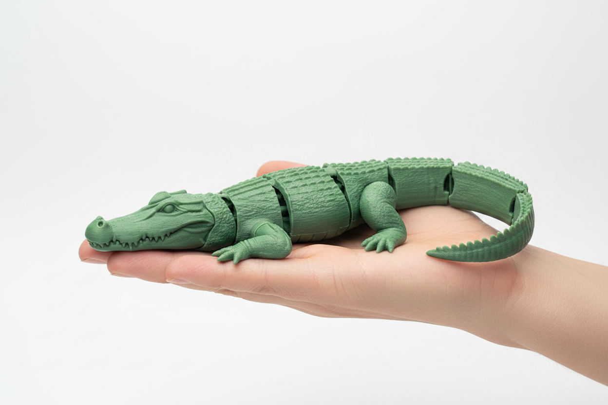 Bewegliches 3D-gedrucktes Krokodil hellgrün in einer Hand, Gelenke sichtbar