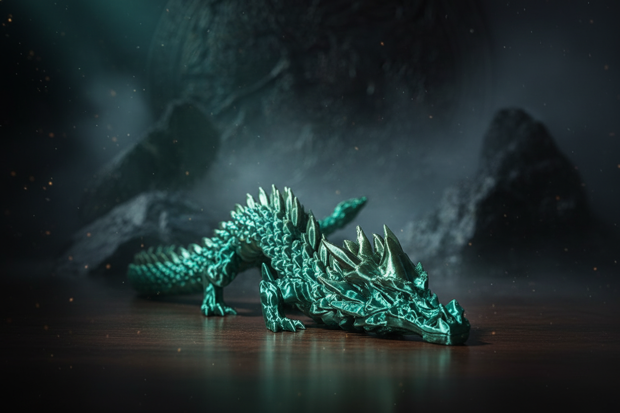 3D-gedruckter Drache liegend auf dunklem Holz mit dramatischem Licht